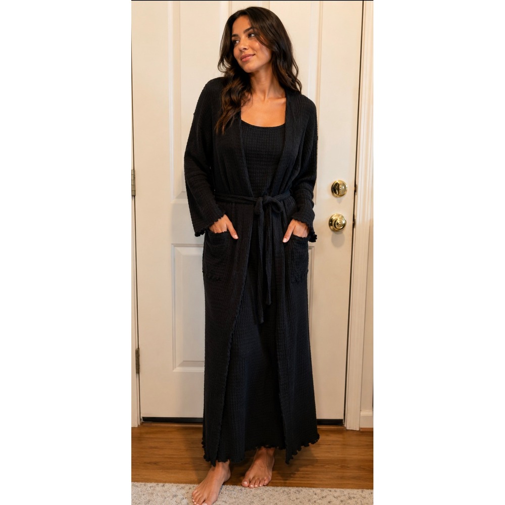 Victorias Secret Black Waffle Knit Robe and Maxi Dress Loungewear Set Large
